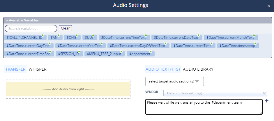 Sample Audio Settings pop-up for the Transfer action with a sample Audio Text (TTS) message containing a variable
